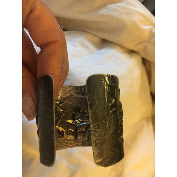 Vintage Hans Jensen Denmark Repousse Hammered Scene Silver Plated Cuff Bracelet - Picture 7 of 10